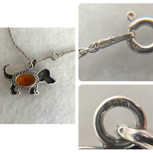 Sterling Silver 925 Puppy Dog Hound Dog Baltic Amber Pendant Necklace 18" Chain - Picture 9 of 16